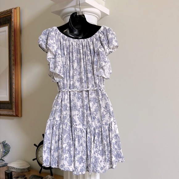 Cynthia Rowley Etoile Micro Floral White and Blue Tiered Summer Mini Dress 👗 - Picture 6 of 9
